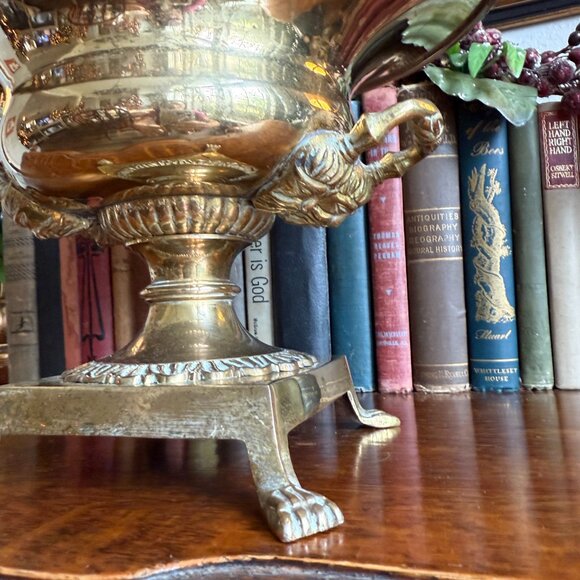 Vintage Ornate Brass Pedestal Bowl with Claw Feet and Faces - Picture 13 of 17